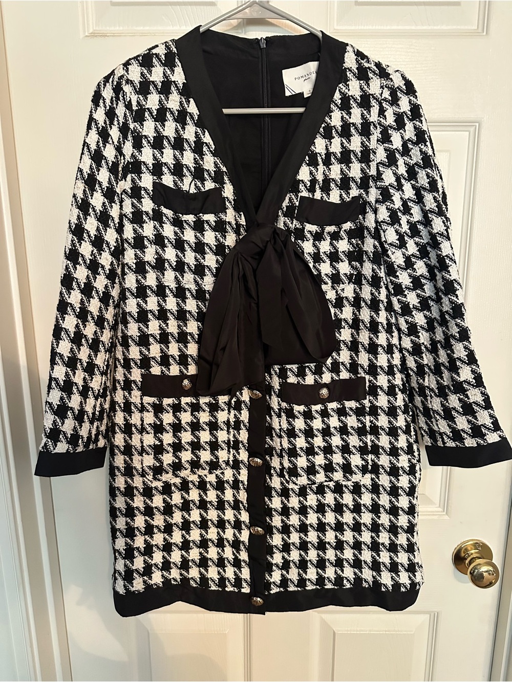Pomander Place Black & White Houndstooth Bow-Front Coat Dress